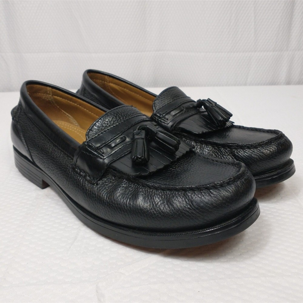 Chaps Loafer Dress Shoes Black 9.5 Mens Pebble Leather Kiltie Tassels Slip On